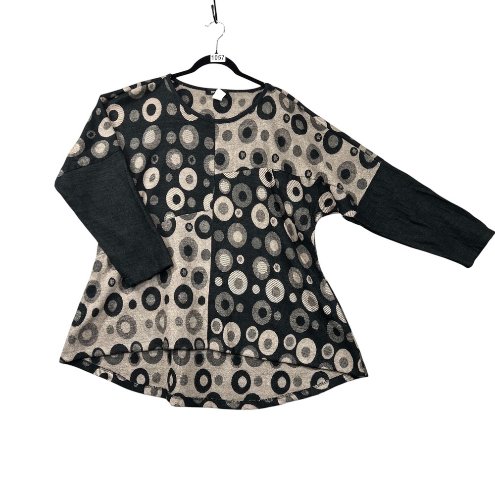 Yushi Tunic‎ Top Women XL Black Gray Artsy Lagenlook Abstract Long Sleeve
